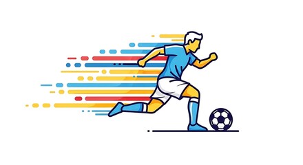 Dynamic soccer player kicking ball with colorful motion lines