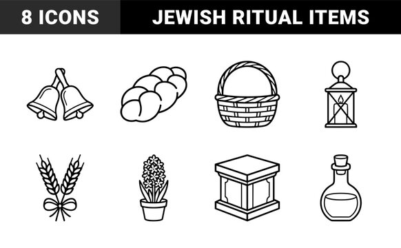 Sabbath and Jewish holiday ritual objects featuring challah bread, havdalah candle, and kiddush wine. Monoline traditional religious symbols for cultural education.