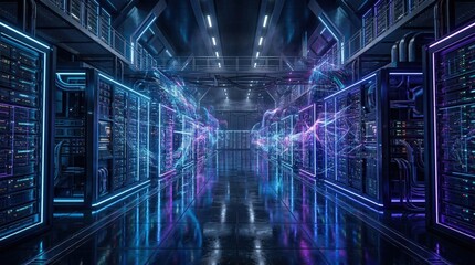 Fototapeta premium Futuristic server room with neon lights and data connections