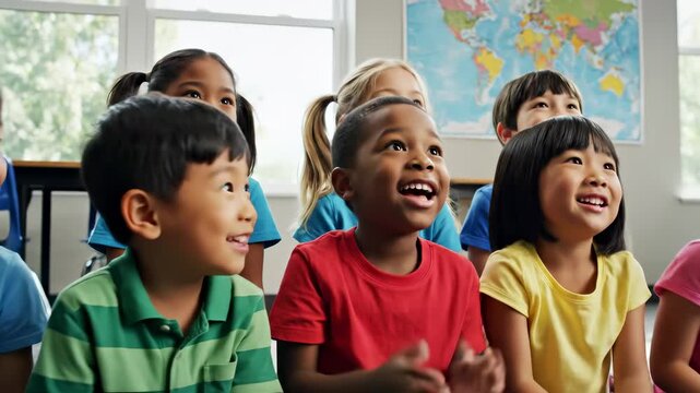 Diverse group of young Asian and Black children sitting on classroom floor attentively watching engaging lesson