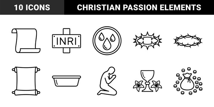 Easter Holy Week religious symbols for liturgical design. Minimalist monoline pictograms featuring crown of thorns, INRI sign, silver coins, and chalice.