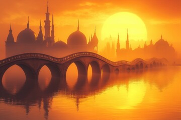 Naklejka premium Floating bridges connect domed structures in a golden sunset over a cityscape