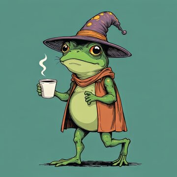 Grumpy Frog Wizard Walk: Hand-Drawn Style, Coffee in Hand, Teal Background. Whimsical, Muted Greens, Isolated. Illustration Art.