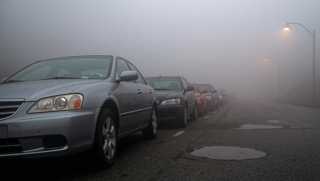 霧に沈むサンフランシスコの急坂、斜め駐車の車列が霞へ溶ける朝の光景