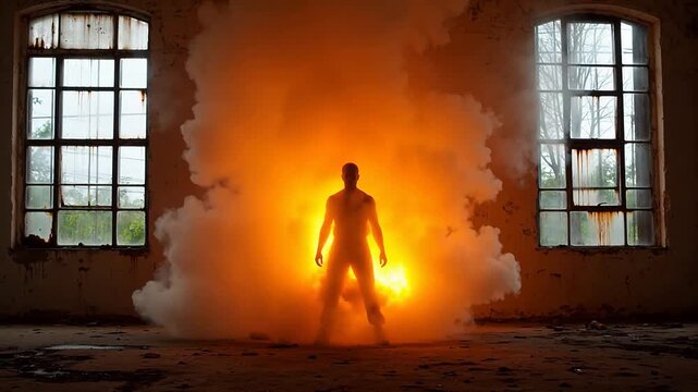 Silhouette of a figure in an abandoned building with smoke