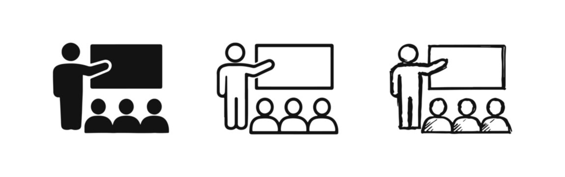 Presentation and Training Icon Set - Speaker with Audience and Whiteboard in Various Styles