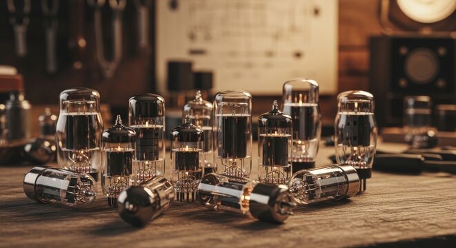 Vintage Vacuum Tubes with Glowing Filaments on Wooden Surface