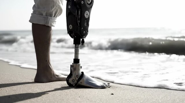 Close-up view of a modern bionic prosthetic leg and a natural foot standing on a sunny sandy beach, as gentle ocean waves wash over their feet.