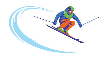 A colorful illustration depicts a skier in motion dynamically carving through snow with vibrant trails a striking silhouette high quality © mrvect02