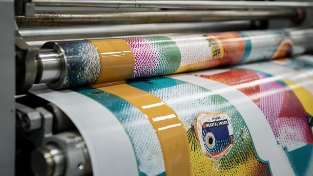 Close medium shot of a multicolor flexographic machine adding a spot varnish finish on printed paper web highlighting surface texture and sheen effects precoating.