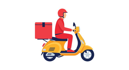 A delivery driver on a yellow scooter carrying a red box presented in a flat design silhouette high quality professional detailed
