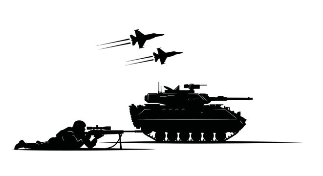 Military Silhouette: Soldier, Tank, and Fighter Jets in Action