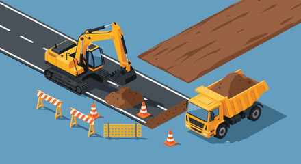 Fototapeta premium Isometric illustration depicting road construction with machinery and barriers showcasing a distinct silhouette high quality professional detailed modern elegant stylish clean