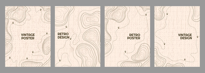 Vector illustration. Vintage topographic map posters. Retro style line patterns, navigation pin markers, and dashed trail routes on a textured beige paper background. Design for magazine or book cover © VVadi4ka