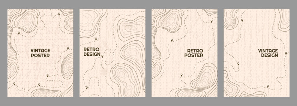 Vector illustration. Vintage topographic map posters. Retro style line patterns, navigation pin markers, and dashed trail routes on a textured beige paper background. Design for magazine or book cover