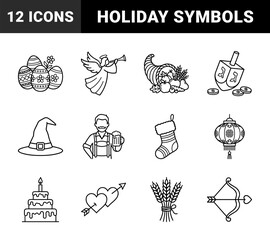 Naklejka premium Global holiday celebrations and seasonal festivities line art. Monolinear pictograms featuring Christmas, Easter, Halloween, and Hanukkah symbols.