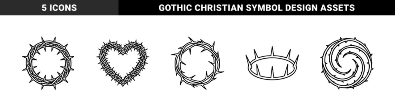 Crown of thorns and heart shaped brier border for religious and gothic design. Monoline black ink style featuring sharp botanical elements and mystical wreaths.