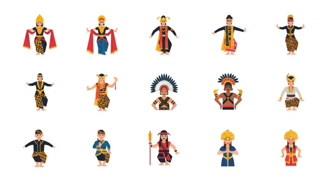 Collection of illustrated characters in diverse traditional Indonesian dance costumes and attire.