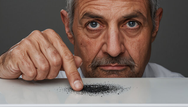 砕黒鉛の光沢を示す中東60代男性、指を黒く染める不気味な反射