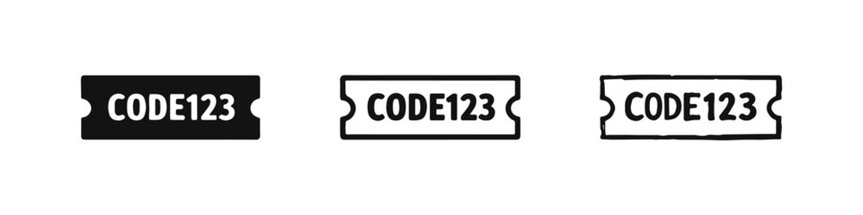 Coupon or discount code ticket icon set in solid, outline, and hand-drawn styles.
