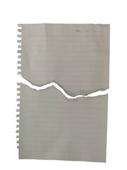 Papel de caderno branco rasgado ao meio, revelando linhas azuis e furos de espiral. Textura realista, isolada em fundo neutro, ideal para mockups, colagens e designs gráficos. Alta resolução e detalhe