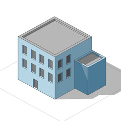 Isometric View of a Simple Blue Building with Flat Roof.