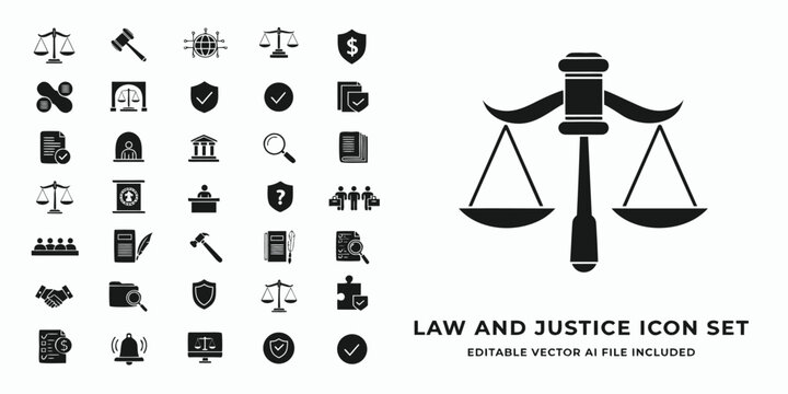 Law and justice vector icon set with scales and gavel on white background editable vector art