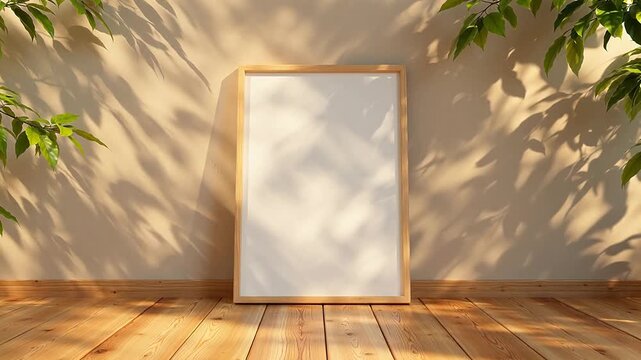 Wooden frame on wall with leaf shadows