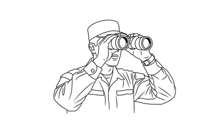 Military Soldier in Uniform Looking Through Binoculars, Surveillance and Reconnaissance
