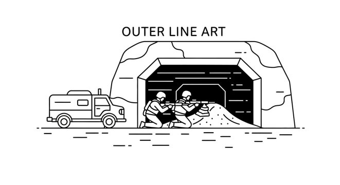 Military operation at bunker entrance with soldiers and vehicle, outline art