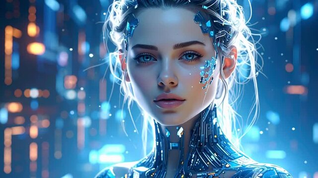 Futuristic Woman with Neon Circuitry Facial Features.