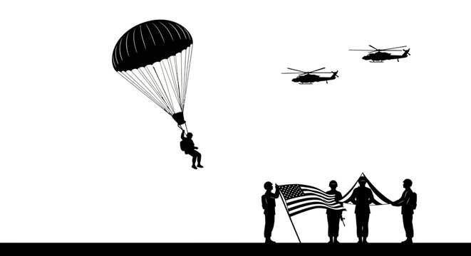 Paratrooper Descends Towards Soldiers Holding American Flag with Helicopters Flying