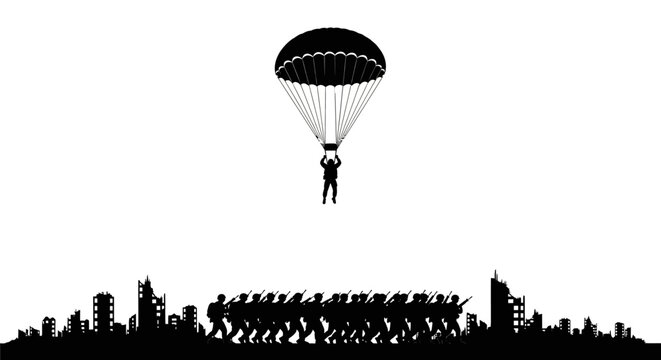 Paratrooper landing in war-torn city with soldiers marching below