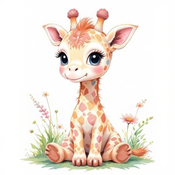 Pastel Baby Giraffe Clipart: Spring Brushstroke Design with Rosy Cheeks, Isolated on White, High-Res PNG for Cute Projects