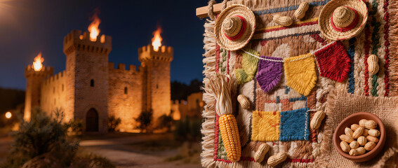 Fototapeta premium A close-up shot of a woven wall hanging with straw hats and peanuts.