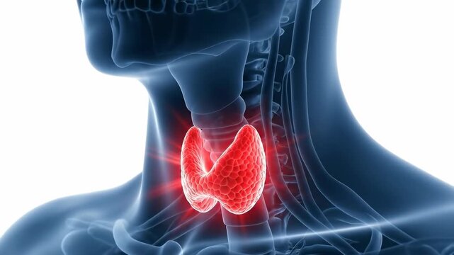 Human thyroid gland highlighted in red, signifying thyroid disease, medical condition, anatomical representation of endocrine system health, diagnostic concept for metabolism issues