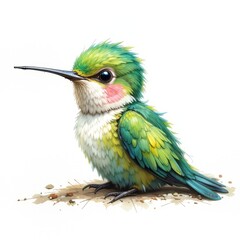 Fototapeta premium Pastel Baby Hummingbird Clipart: Spring Brushstroke Illustration with Iridescent Feathers on a White Background for Creative Projects