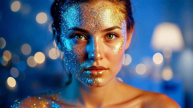 Woman with glitter on face and shoulders