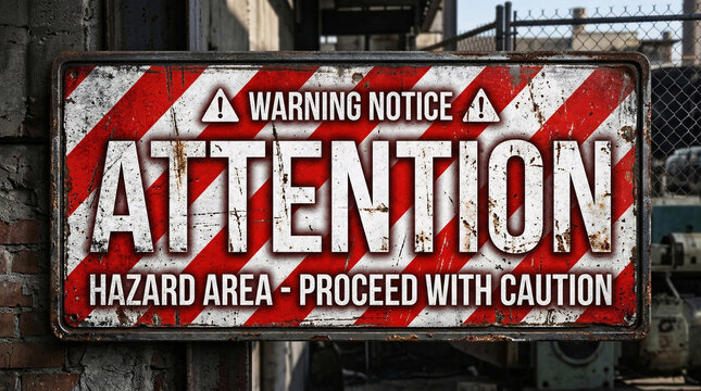 Real photo weathered red white striped industrial attention warning notice sign hazard area proceed with caution at factory.