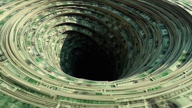 Spiral of dollar bills forming a vortex