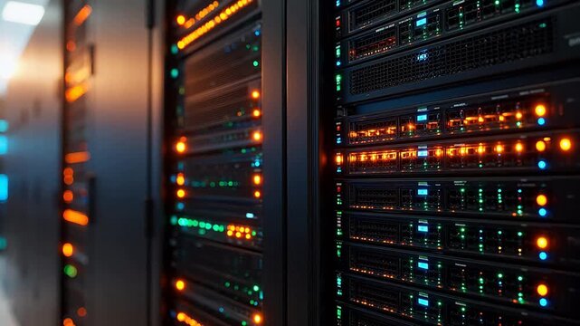 Server racks with illuminated lights