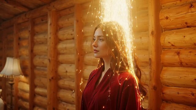 Woman in red robe with glowing hair in wooden cabin