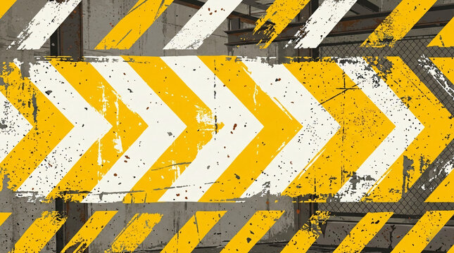 Illustrated yellow white grunge chevron arrows on dirty concrete industrial wall construction fence with mesh fence background.