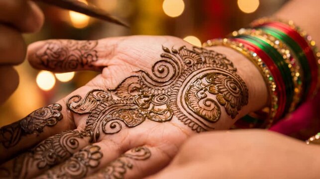 Artist applying intricate henna design on woman's palm with a cone at a traditional celebration, cultural ritual and body art for wedding or festival preparation