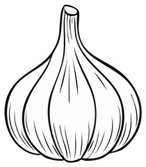 Simple Outline Illustration of a Whole Garlic Bulb with Stem and Segments