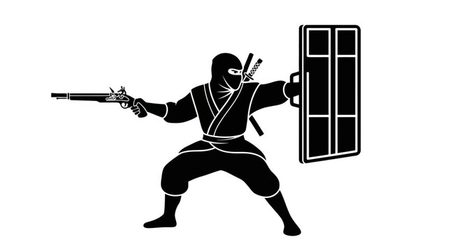 Ninja Warrior with Flintlock Pistol and Shield, Stealthy Assassin Combat Pose