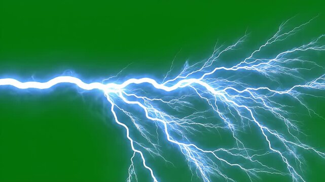Vibrant Blue Electrical Lightning Bolt Sparking Across a Bright Green Screen Background With Glowing Energy And Tiny Particles For Visual Effects Compositing