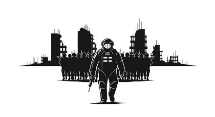 Fototapeta premium Post-apocalyptic soldier with rifle and crowd in ruined city silhouette