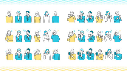 Set of minimalist line art characters including senior citizens and young adults using smartphones to search for information and feeling confused or worried in daily life © SHIROKUMA-DESIGN