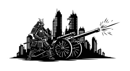 Fototapeta premium Samurai Warrior with Cannon in Ruined Cityscape, Futuristic War Concept